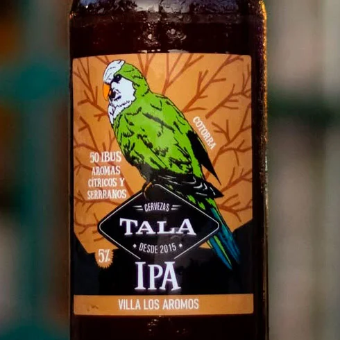 Etiqueta de la cerveza Tala Ipa Serrana Cotorra. Etiqueta de la cerveza premium Loica Pampeana. Cada estilo de TALA está representado por un ave autóctona de las sierras de Córdoba. La elección surge del interés de Martín por el avistaje de aves y del vínculo con la naturaleza cordobesa.