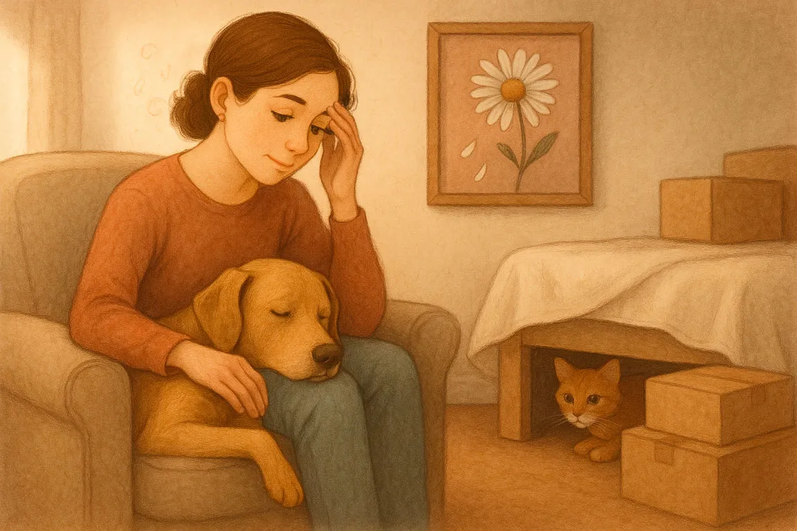 una ilustración de una mujer emocionada cargando en la falda su perro, un gato debajo de la cama entre cajas de una mudanza