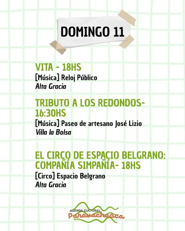 Agenda Cultural del Corredor Escénico Paravachasca para domingo 11 de octubre: espectáculos, talleres y propuestas artísticas en distintos espacios del valle.