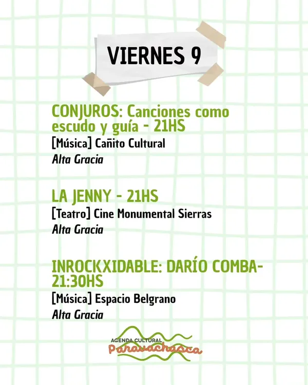 Agenda Cultural del Corredor Escénico Paravachasca para viernes 9 de octubre: espectáculos, talleres y propuestas artísticas en distintos espacios del valle.