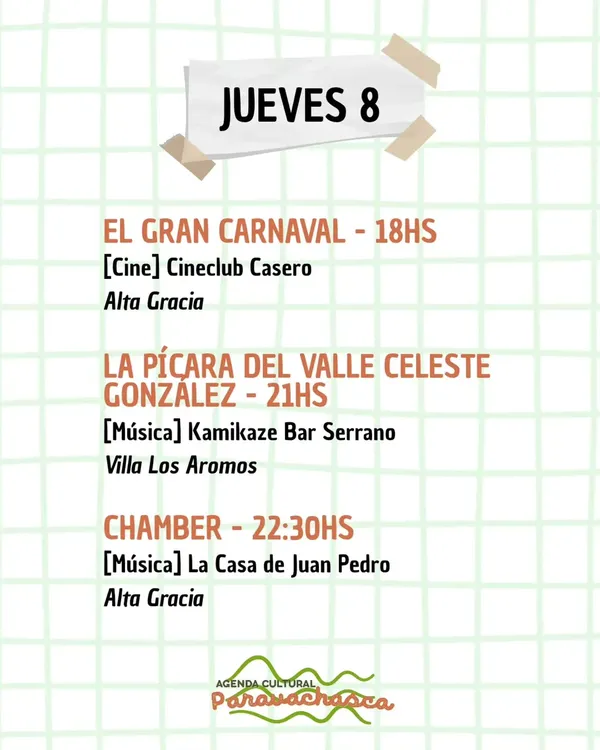 Agenda Cultural del Corredor Escénico Paravachasca para jueves 8 de octubre: espectáculos, talleres y propuestas artísticas en distintos espacios del valle.