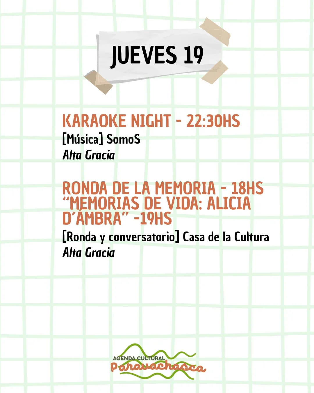 Agenda Cultural del Corredor Escénico Paravachasca para jueves 19 de marzo: espectáculos, talleres y propuestas artísticas en distintos espacios del valle.