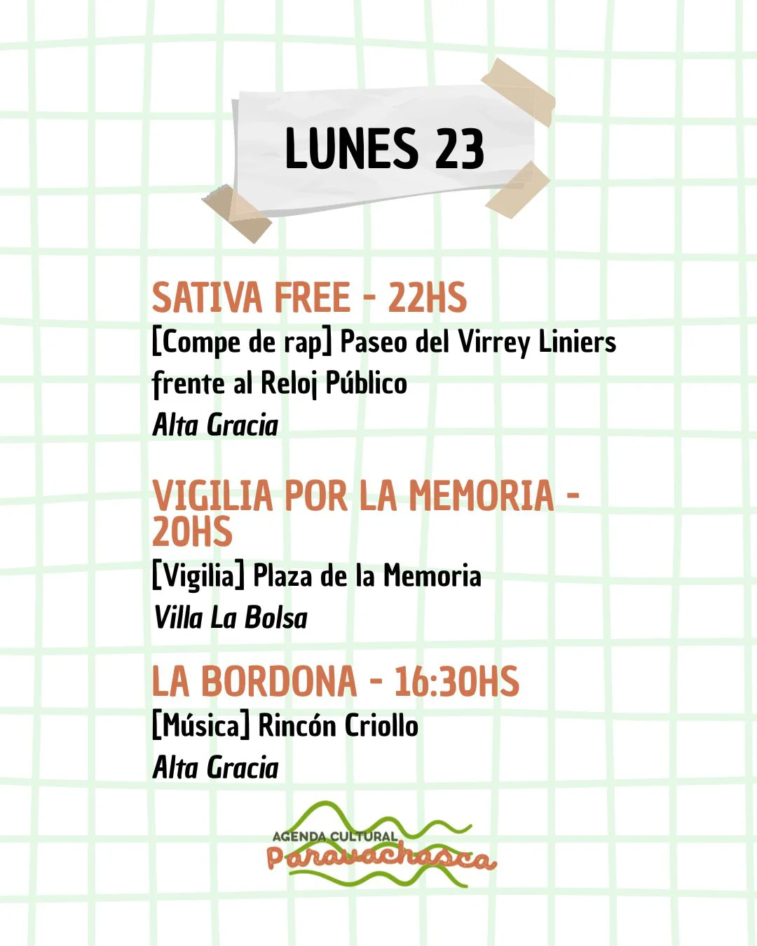 Agenda Cultural del Corredor Escénico Paravachasca para lunes 23 de marzo: espectáculos, talleres y propuestas artísticas en distintos espacios del valle.