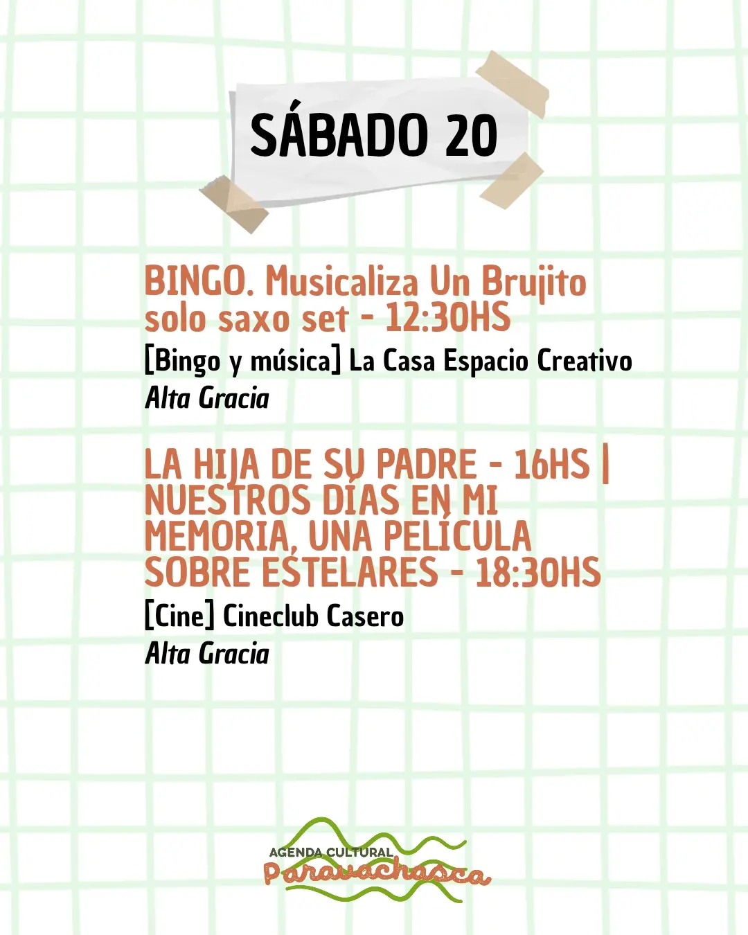 Agenda Cultural del Corredor Escénico Paravachasca para sábado 20 de junio: espectáculos, talleres y propuestas artísticas en distintos espacios del valle.
