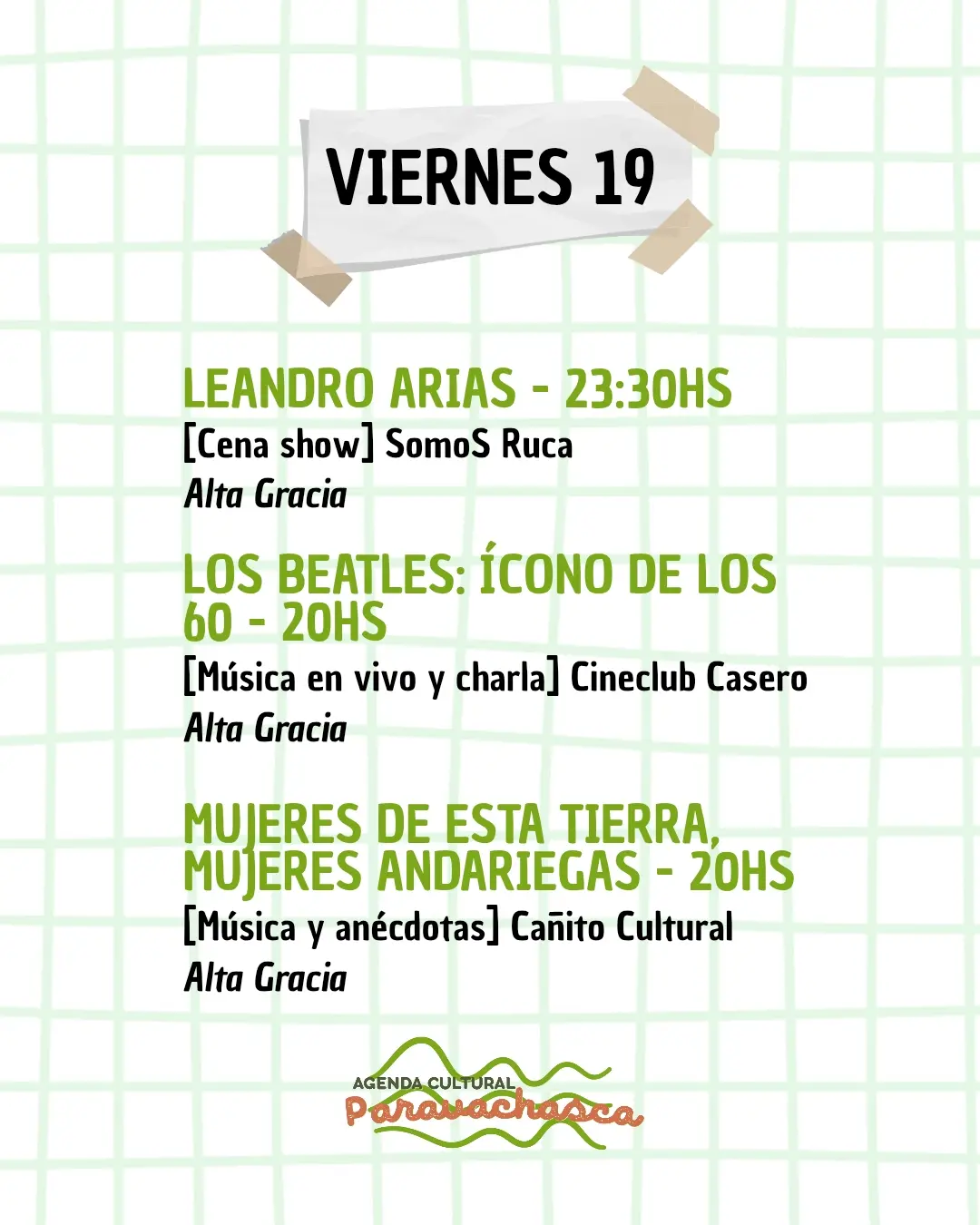 Agenda Cultural del Corredor Escénico Paravachasca para viernes 19 de junio: espectáculos, talleres y propuestas artísticas en distintos espacios del valle.