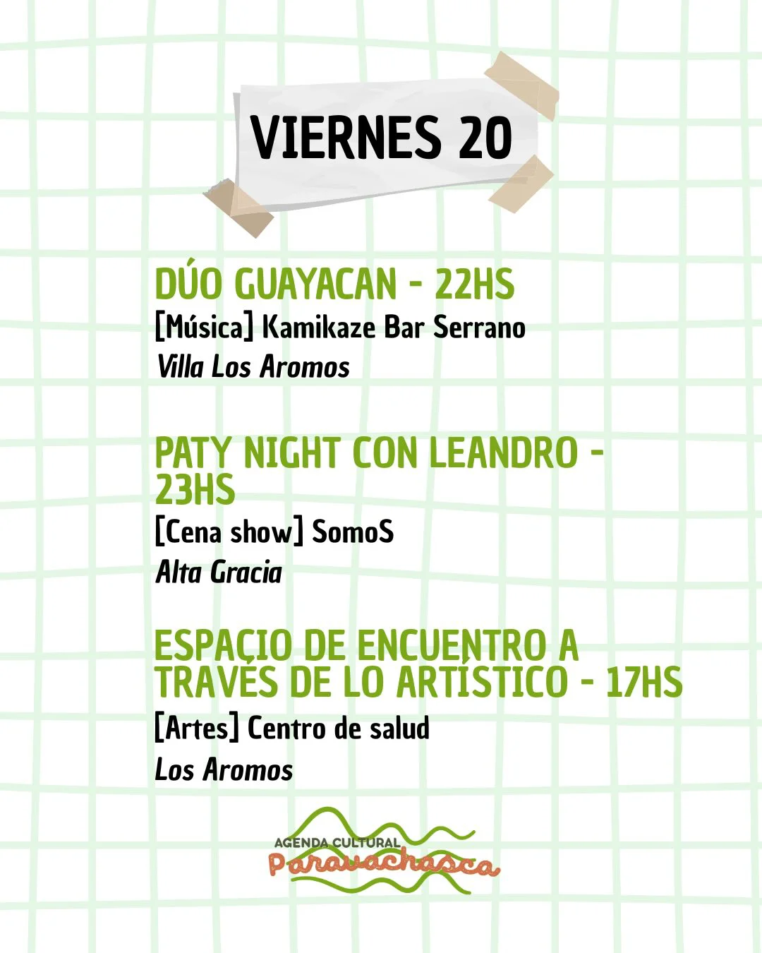 Agenda Cultural del Corredor Escénico Paravachasca para viernes 20 de marzo: espectáculos, talleres y propuestas artísticas en distintos espacios del valle.
