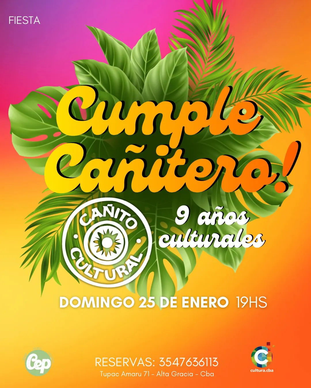 El Cañito Cultural cumple 9 años. El "Cumple Cañitero" es una celebración festiva organizada por el Cañito Cultural, un espacio cultural autogestivo en Alta Gracia, Córdoba, para festejar su aniversario con música, baile y actividades comunitarias.