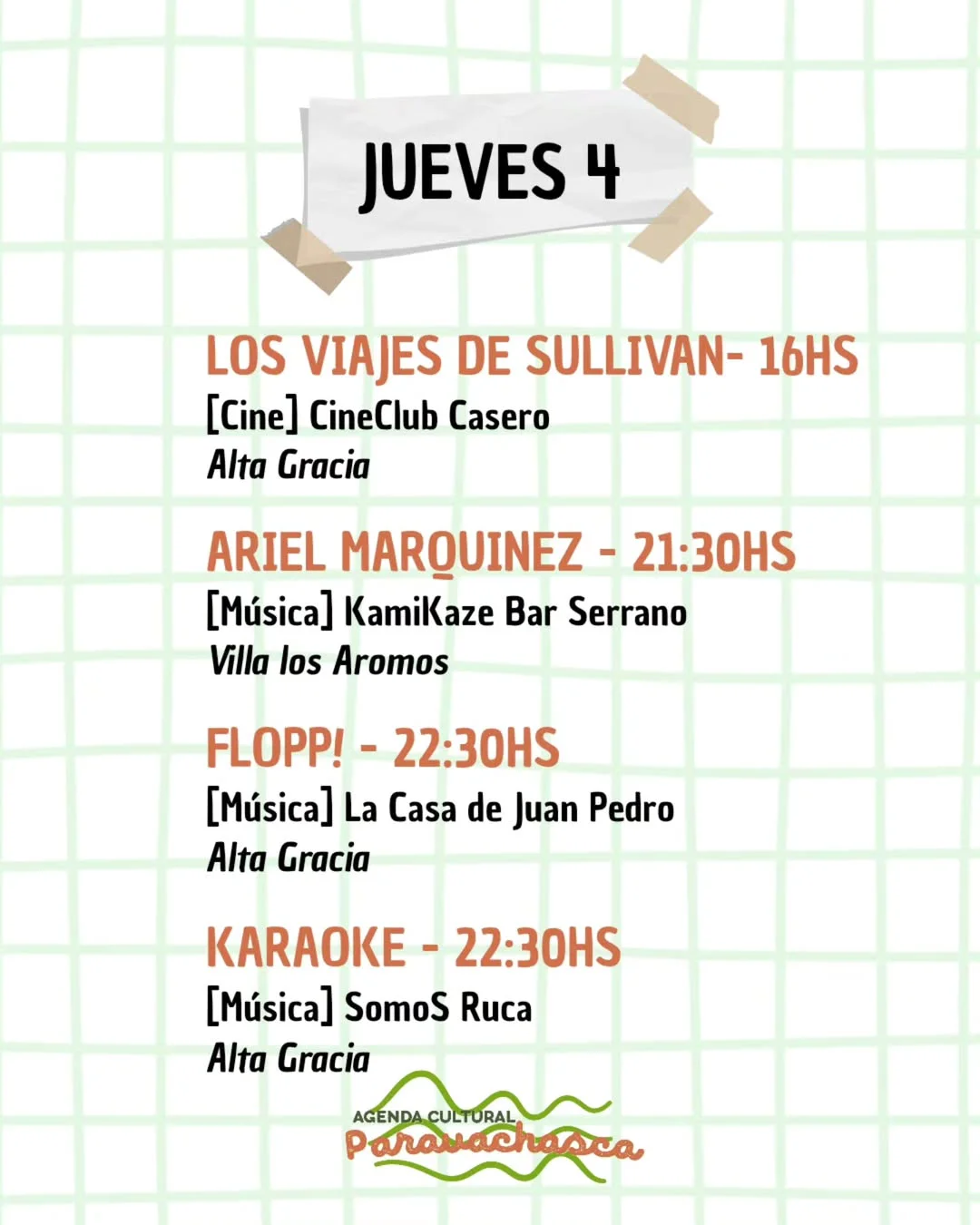 Agenda Cultural del Corredor Escénico Paravachasca para jueves 4 de junio: espectáculos, talleres y propuestas artísticas en distintos espacios del valle.