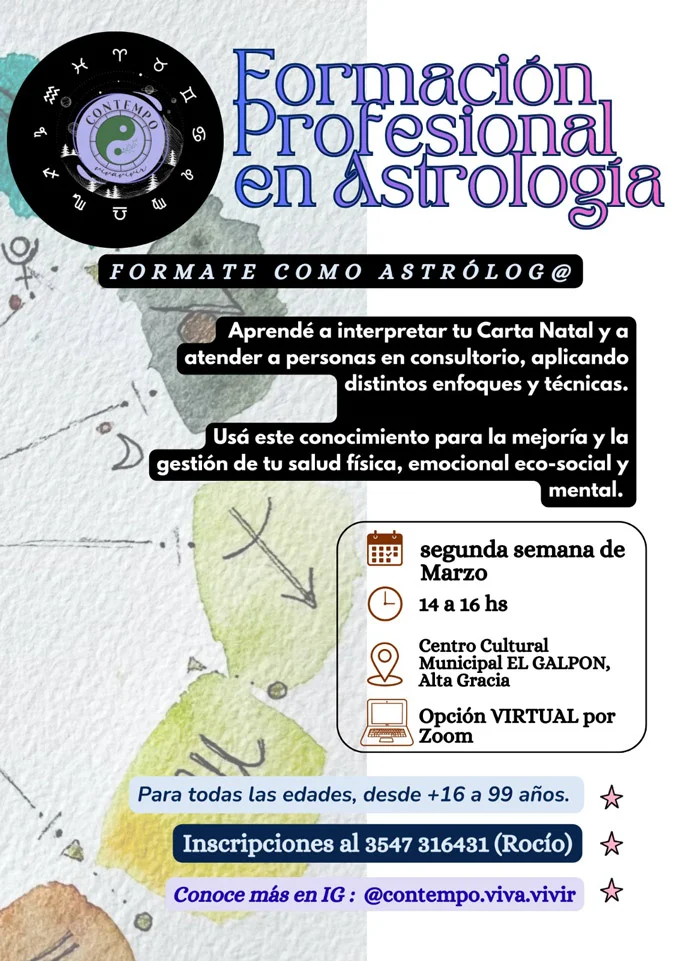 Formación Profesional en Astrología. La formación combina herramientas técnicas de astrología helenística, astrogenealogía, órdenes sistémicos y lenguaje simbólico, con el objetivo de profesionalizar la lectura astrológica y desarrollar una mirada crítica sobre los procesos individuales y colectivos.