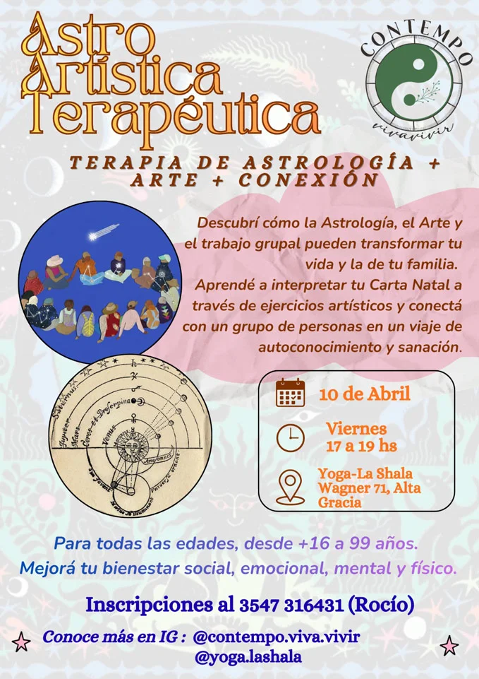 Astro Artística Terapéutica. Este taller propone abordar la carta natal y los tránsitos actuales a través de procesos creativos. El arte funciona como puente para que la información simbólica se exprese en el cuerpo y en la emoción