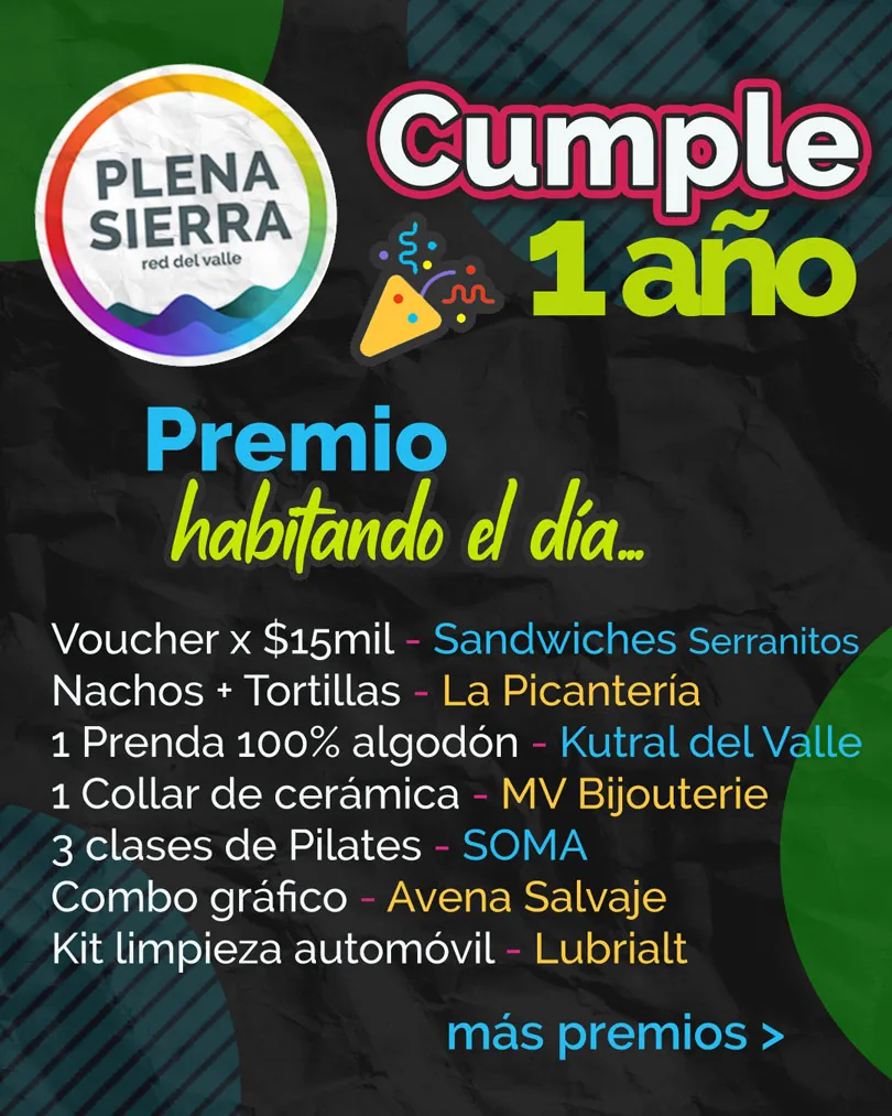 Premio · habitando el día Voucher x $15.000 – Serranitos Sanwichería Nachos + Tortillas – La Picantería 1 prenda 100% algodón – Kutral del Valle 1 collar de cerámica – MV Bijouterie 3 clases de Pilates – SOMA Combo gráfico – Avena Salvaje Kit limpieza automóvil – Lubrialt
