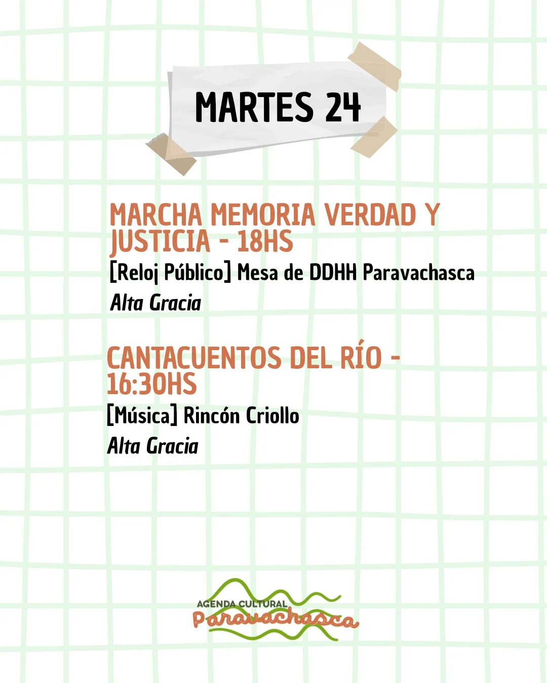 Agenda Cultural del Corredor Escénico Paravachasca para martes 24 de marzo: espectáculos, talleres y propuestas artísticas en distintos espacios del valle.